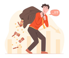 Businessman Holding Ripped Money Bag and Losing Money Bundle with Coins Spilling Out for Bankruptcy, Financial Crisis and Recession Concept Illustration Clip Art 
