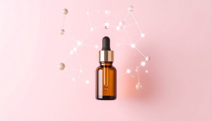 A collection of futuristic beauty science visuals featuring 3D molecules of skincare ingredients such as hyaluronic acid, collagen, and peptides. Includes atom structures and glowing particles.