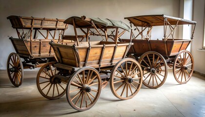 Antique wooden horsedrawn carriages with canvas tops in a museum setting