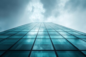 Fototapeta premium Modern glass skyscraper with dramatic upward perspective against a cloudy sky, symbolizing ambition, corporate power, and architectural excellence in urban development