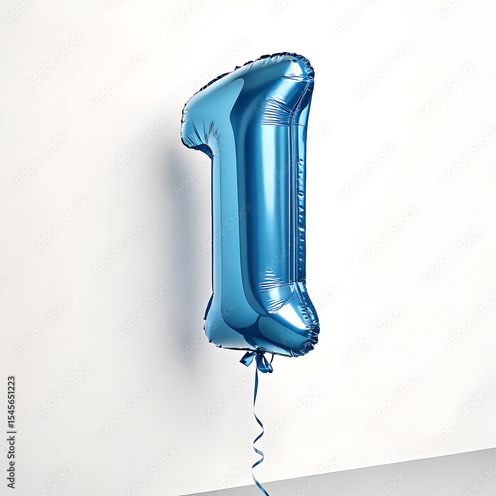 Fototapete a balloon shaped like the number 1, chrome blue metallic finish with realistic reflections and smoot