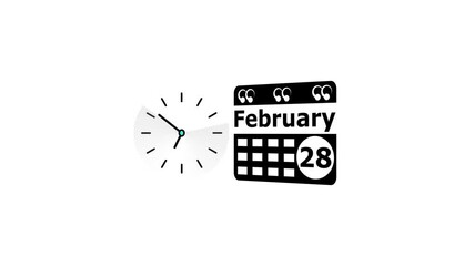February month 28 date calendar icon  and  black color clock animation. Digital calendar month concept design on White background.
