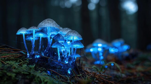 Bioluminescent mushrooms on forest floor, enchanted ecosystem glow for fantasy art or mycological studies