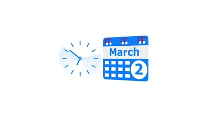 March month 2 date calendar icon  and  royal blue color clock animation. Digital calendar month concept design on White background.