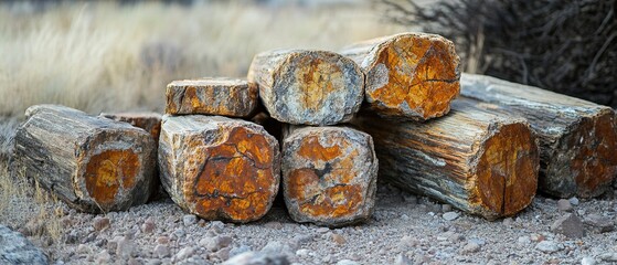 Petrified wood forest with mineralized logs, geological time scale fossilization process for paleontology education or natural history