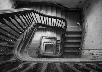 A decaying, spiraling wooden staircase descends into darkness, its worn banister and dusty steps hinting at age and neglect