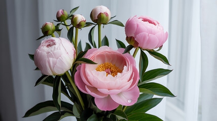 Beautiful pink peonies bouquet near window