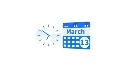 March month 13 date calendar icon  and  royal blue color clock animation. Digital calendar month concept design on White background.