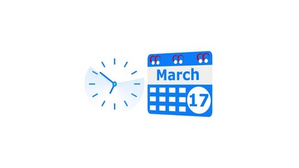 March month 17 date calendar icon  and  royal blue color clock animation. Digital calendar month concept design on White background.