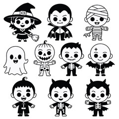 Pumpkin Black and White Photo featuring nine cute kids in Halloween costumes  a ghost and a pumpkin. Perfect for Halloweenthemed designs and advertisements.