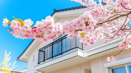 Pink cherry blossoms over white house