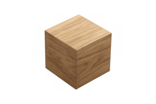 Wooden cube spinning smoothly, revealing geometric surfaces against transparent backdrop with crisp detail