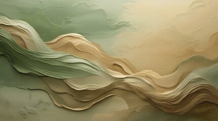 A serene abstract zen background featuring a harmonious blend of earthy colors such as sage green, sandy beige, and mossy brown, all woven together with smooth, organic textures 