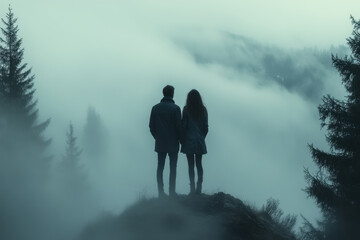 Man and woman standing on foggy mountain top.