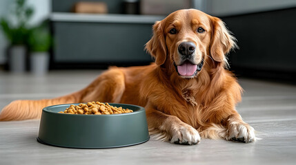 Golden retriever eating dog food