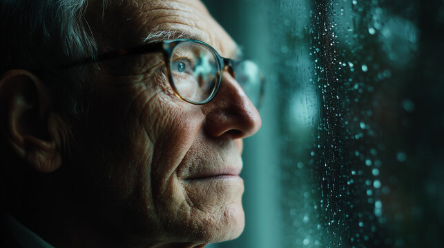 Elderly Man Reflecting Quietly Beside a Rainy Window