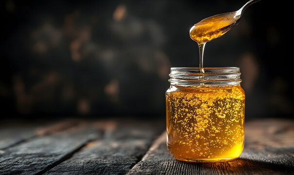 Golden honey pouring into jar on rustic wooden table