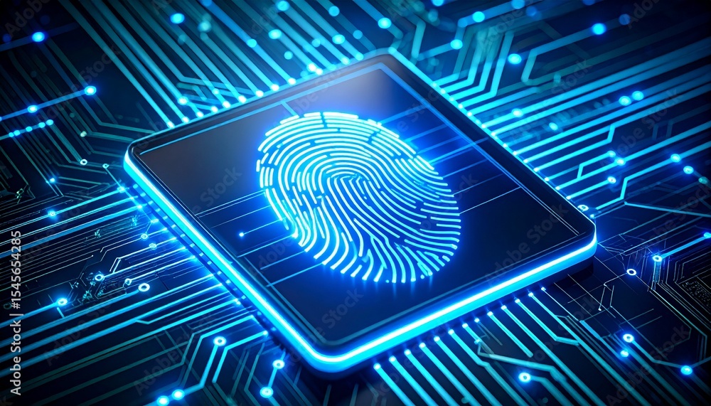 Poster fingerprint on circuit board:a microchip displays a vivid, glowing fingerprint, symbolizing advanced