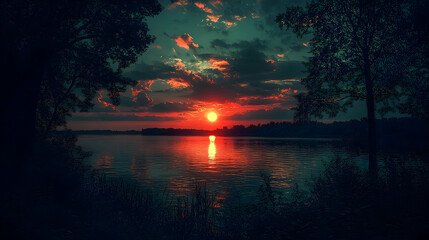 Red sunset over calm water dark trees silhouette