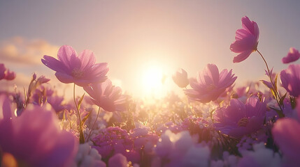 Pink cosmos flowers in a field at sunset soft lighting