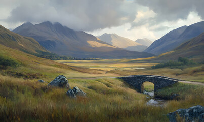 Serene mountain landscape with stone bridge and rolling hills