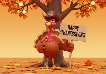 Cute Cartoon Turkey in Cowboy Hat Welcomes Thanksgiving. Generative Ai