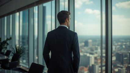 Young professional man, executive, CEO, manager, wealthy male investor standing inside a large comfortable office looking out of a skyscraper window thinking about future success