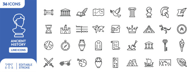 A collection of 34 line icons representing various elements and symbols related to ancient history.