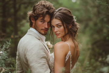 Fototapeta premium Bride and groom embracing in the woods.