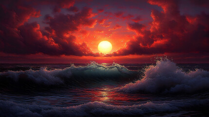 Fiery sunset over ocean waves dramatic coastal scene
