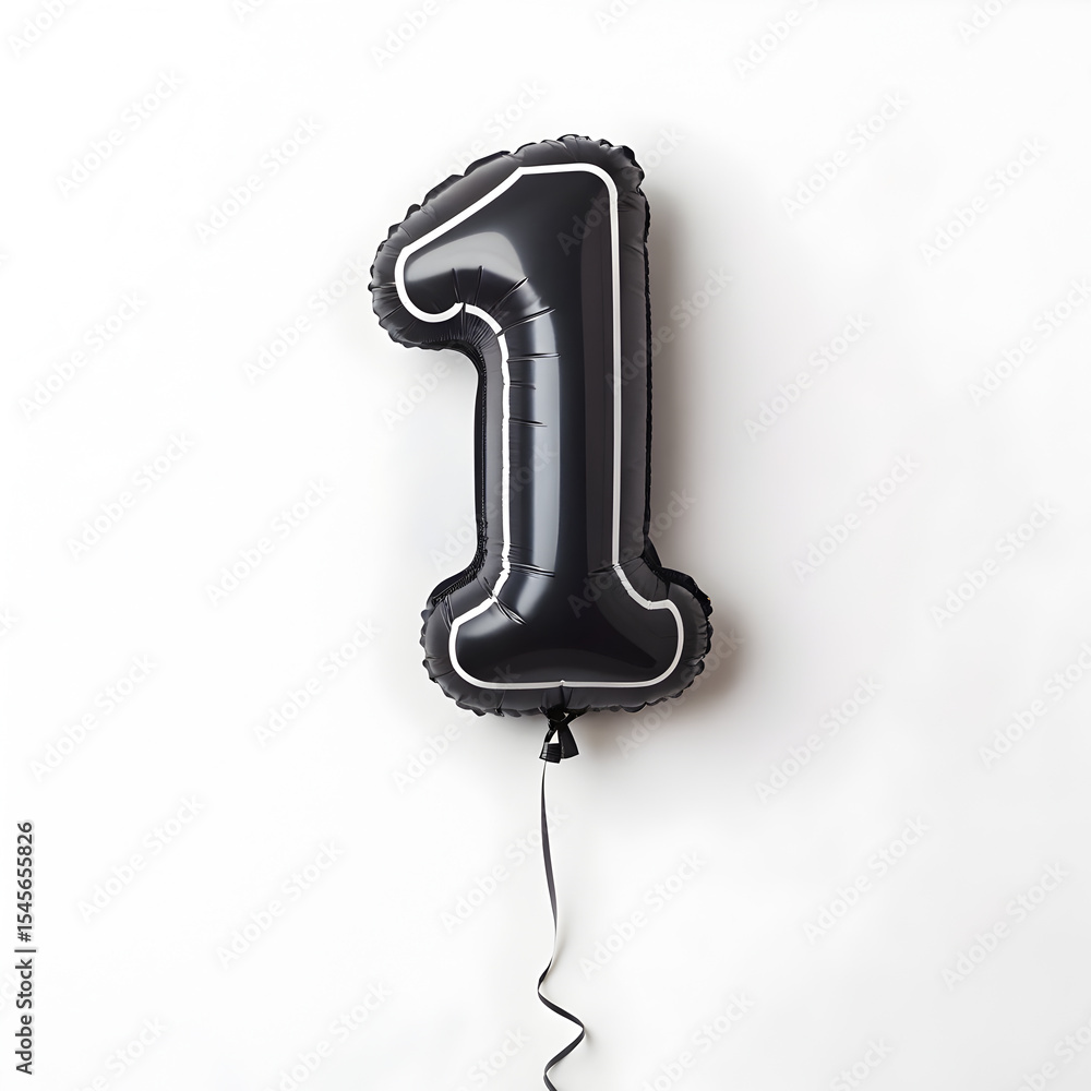 Fototapete a balloon shaped like the number 1,matte black metallic finish with realistic reflections and smooth