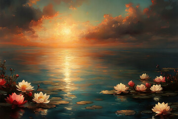 Sunset over water lily pond