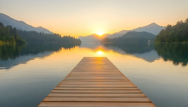 Sunrise over calm lake with pier