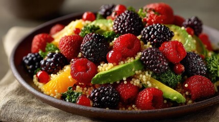 Avoid red meat with celery and vegetables concept. A vibrant salad featuring mixed berries and fresh ingredients.