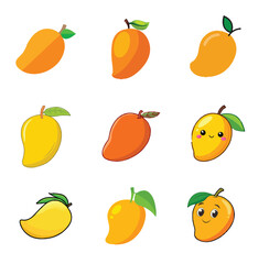 Fresh Mango Fruit  Icon Collection...Mango Farming and Harvesting Illustration..Summer Fruit Mango Clipart for Kids..Sweet Ripe Mango Icons in Minimal Style..Organic Mango Market Vector Elements..