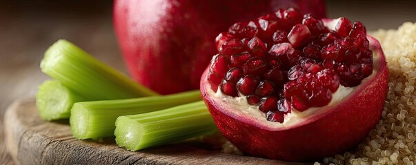 Hydrating fruits remedy by vegetables and grains concept. Fresh pomegranate with celery on a rustic wooden surface.