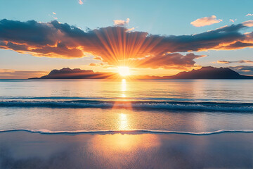 Golden sunrise over calm ocean beach
