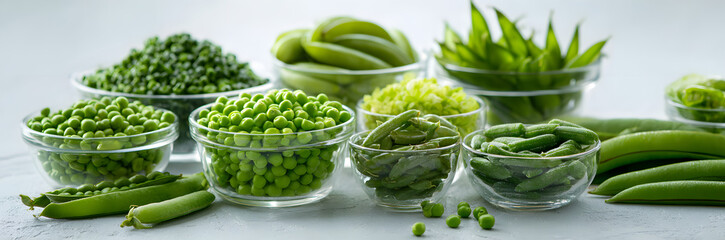 Assorted bowls of fresh green peas and pea pods arranged on a transparent background showcasing various sizes and textures of peas in natural light