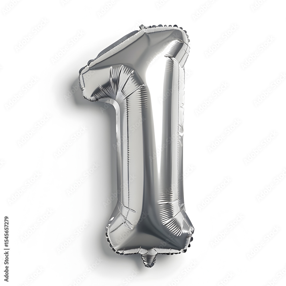 Fototapete a balloon shaped like the number 1 ,silver metallic finish with realistic reflections and smooth tex