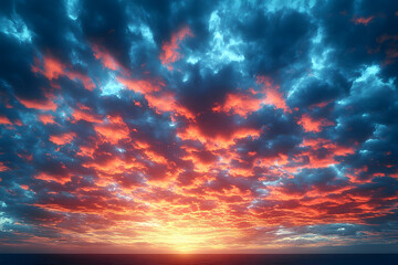 Fiery sunset cloudscape over calm ocean vibrant colors textured sky