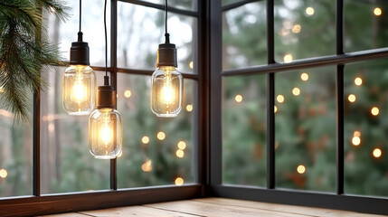 Bright hanging lights illuminate cozy window scene, creating warm atmosphere with seasonal