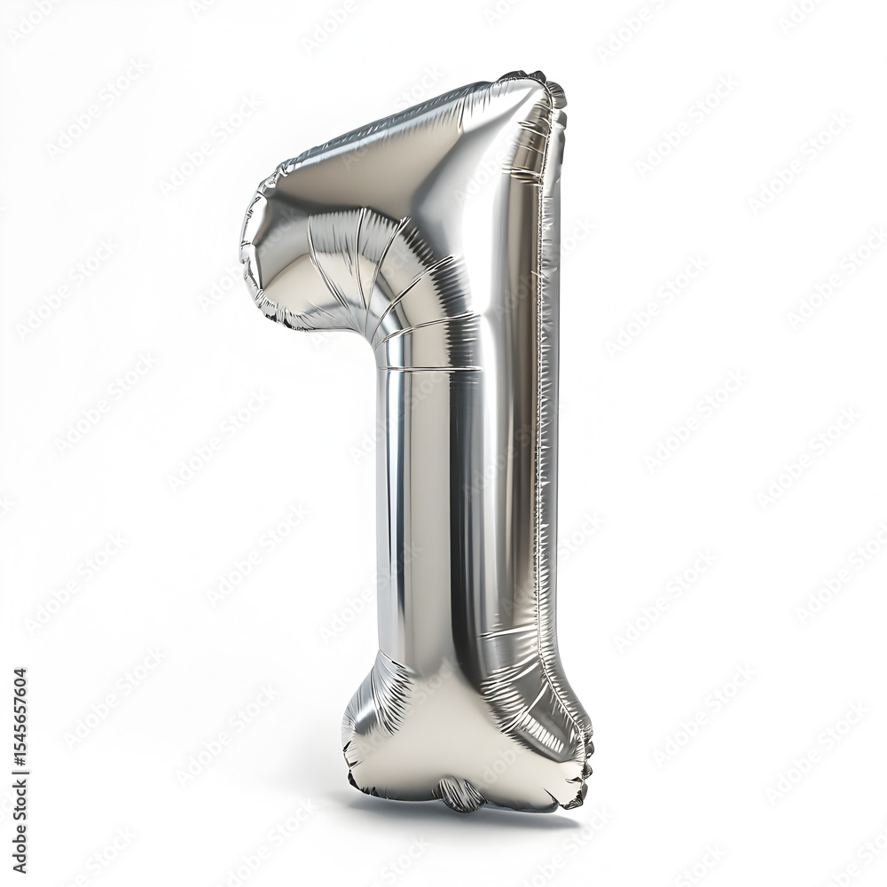 Fototapete a balloon shaped like the number 1 ,silver metallic finish with realistic reflections and smooth tex