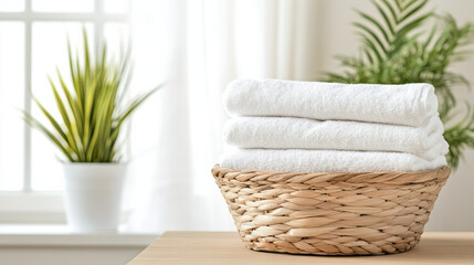Freshly folded towels in woven basket beside potted plant create serene atmosphere