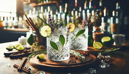 Craft Gin and Tonic Glass with botanicals ice lime K bar setting