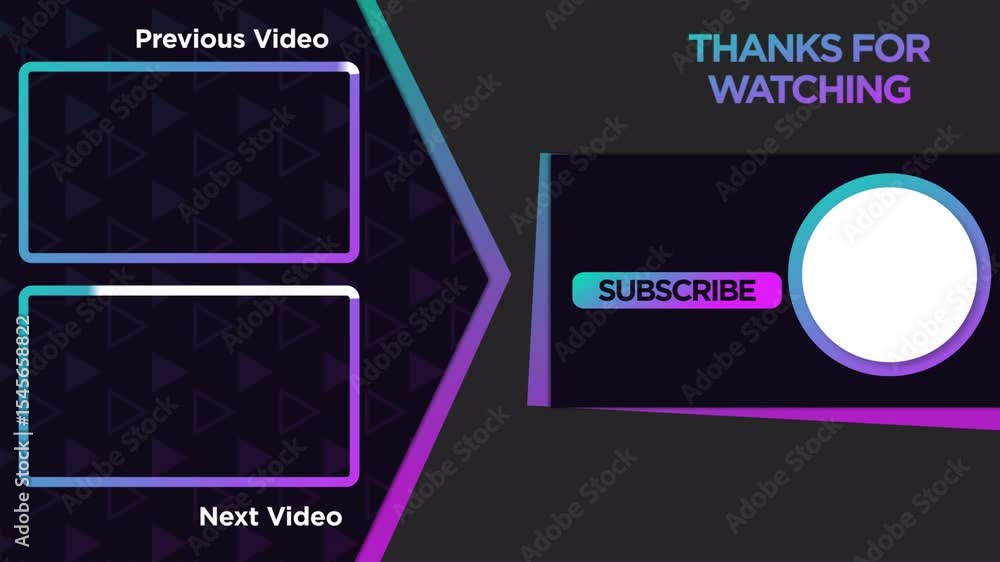 Poster end screen template with subscribe button, previous and next video options, and thanks for watching 
