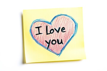 Childs crayon drawing i love you heart on yellow sticky note