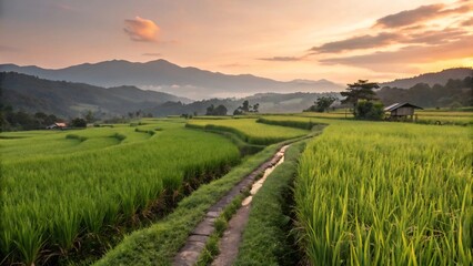 Obraz premium Golden Hour Serenity Picturesque Green Rice Terraces and Mountain Views