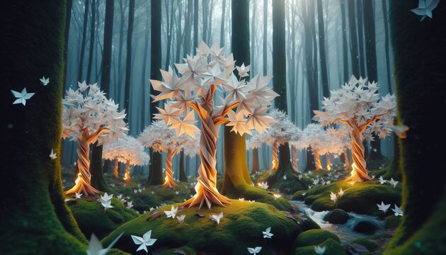 Enchanted Origami Forest — Trees fashioned from folded parchme