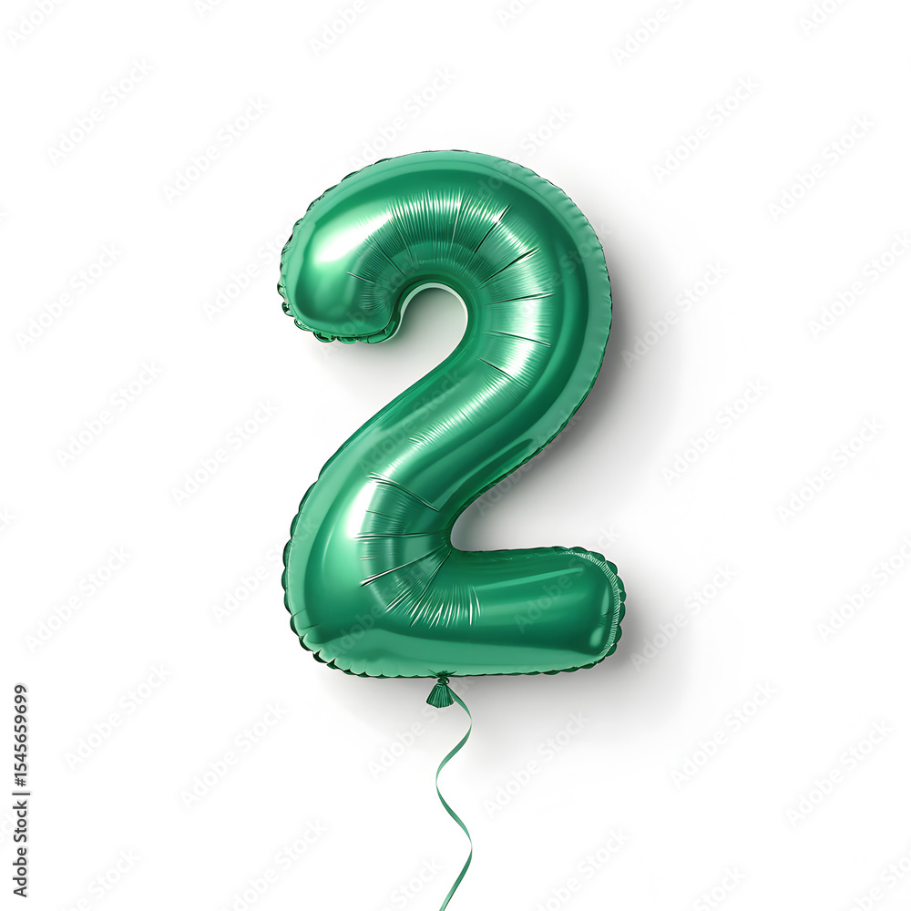 Fototapete a balloon shaped like the number 2,emerald green metallic finish with realistic reflections and smoo