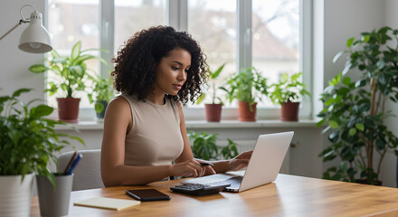 Focused young woman works from home surrounded by plants natural light bright workspace